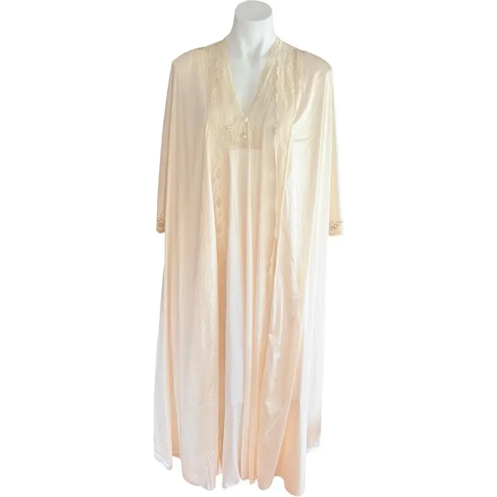 Vintage Val Mode Cream Nylon Peignoir Set Lace Nightgown & Robe Medium 1970s - Picture 9 of 12